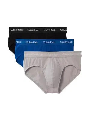 Pack 3 slips hombre negro azul gris Calvin Klein Cotton Stretch cinturilla con logo vista frontal.