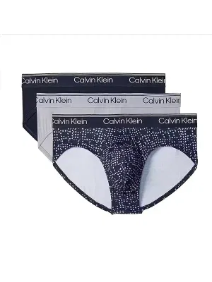Pack 3 slips Calvin Klein Micro Stretch azul marino gris microestampado cintura Infinity Bond vista frontal.
