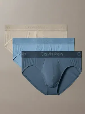 Pack 3 slips hombre Calvin Klein Ultra Soft Modal tonos taupe azul claro azul grisáceo vista producto.