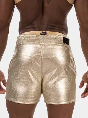 short hombre dorado metalizado textura aligator, vista trasera detalle
