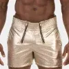 short hombre dorado metalizado textura aligator doble cremallera, vista frontal