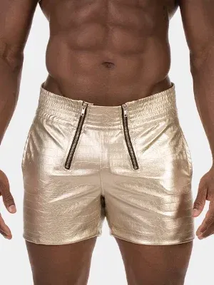 short hombre dorado metalizado textura aligator doble cremallera, vista frontal