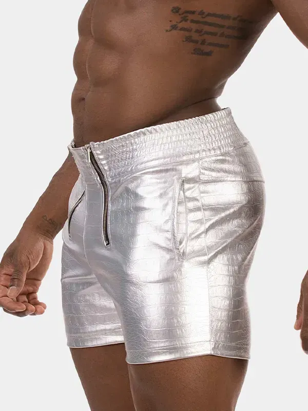 detalle cremallera frontal short metalizado plata textura relieve