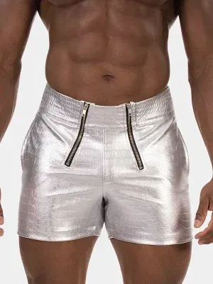 short hombre plateado textura aligator doble cremallera vista frontal