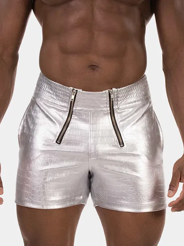 short hombre plateado textura aligator doble cremallera vista frontal