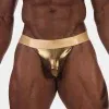 Vista 3/4 suspensorio jockstrap hombre dorado tejido metalizado brillante
