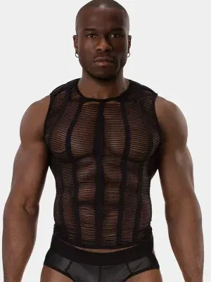 camiseta sin costuras hombre negra rejilla vista frontal