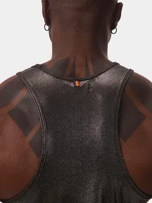 detalle etiqueta trasera camiseta tirantes plateada Barcode Berlin