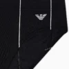 Detalle del tejido del slip de baño Emporio Armani Pinstripe negro con microáguila bordada