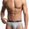 Slip hombre gris jaspeado Emporio Armani, cinturilla monogram negra, vista frontal.