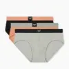 Pack 3 slips Emporio Armani Essential Logolabel MC501, negro coral gris, vista producto.