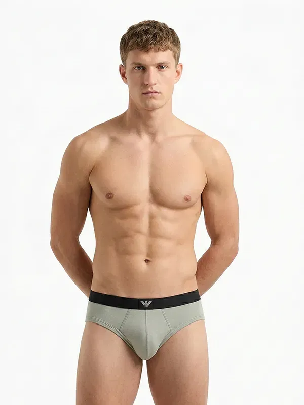 Slip hombre gris claro Emporio Armani, cinturilla negra con etiqueta águila centrada, vista producto.