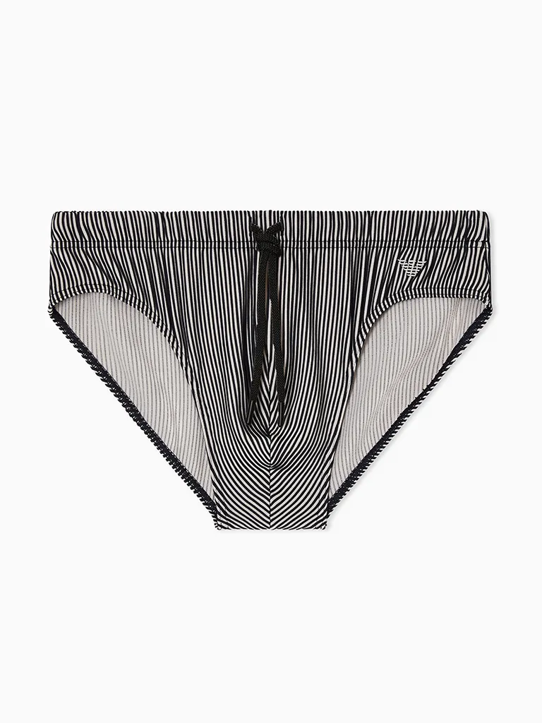 Bañador slip Emporio Armani Stripe Nut beige y negro con microáguila bordada