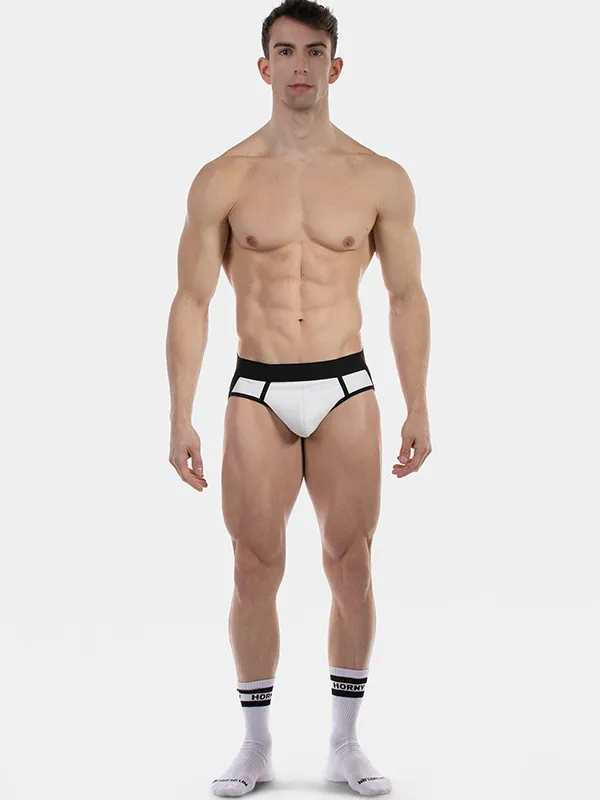 Detalle frontal del suspensorio Barcode Berlin Miko Blanco Negro con pouch blanco y cinturilla negra