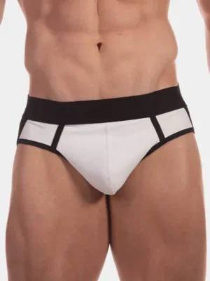 Detalle frontal del suspensorio Barcode Berlin Miko Blanco Negro con pouch blanco y cinturilla negra
