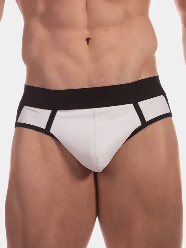 Detalle frontal del suspensorio Barcode Berlin Miko Blanco Negro con pouch blanco y cinturilla negra