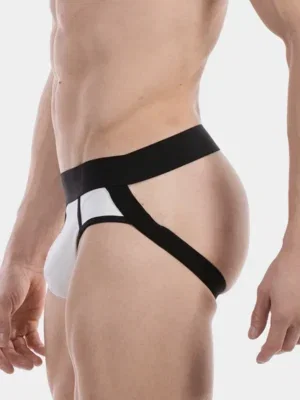 Perfil del suspensorio Barcode Berlin Miko Blanco Negro con pouch efecto cuero