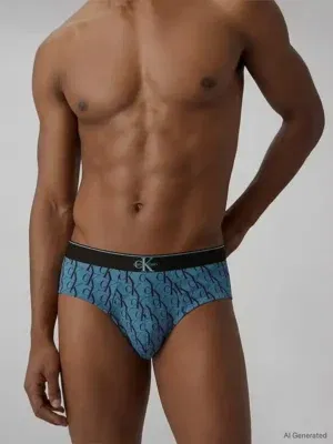 Hombre llevando slip Calvin Klein Low Rise Graphic Monogram estampado de logotipos en color azul verdoso con goma ancha.