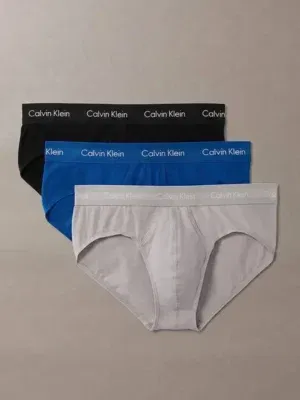 Pack 3 slips hombre negro azul gris Calvin Klein Cotton Stretch cinturilla con logo vista frontal.