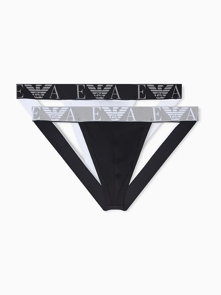 Pack 2 suspensorios Emporio Armani Bold Monogram blanco y negro sobre fondo gris