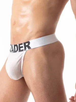 Vista lateral del Tanga Leader Essentials Blanco con logo LEADER visible — Leader