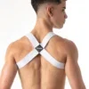 Vista trasera del Arnés Leader Essentials Blanco con espalda en X y parche romboidal con logo