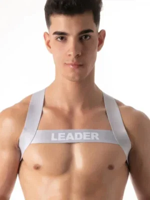 Vista frontal del Arnés Leader Essentials Gris con banda elástica y logo LEADER