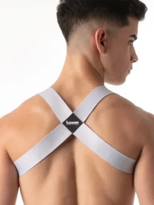 Vista trasera del Arnés Leader Essentials Gris con espalda en X y parche romboidal con logo