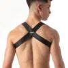 Vista trasera del Arnés Leader Essentials Negro con espalda en X y parche romboidal con logo