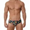 Vista frontal de bañador slip con estampado de piñas e hibiscos sobre fondo oscuro — BLU2553 Beachbrief Olaf Benz