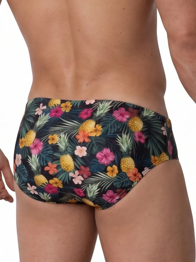 Vista frontal de bañador slip con estampado de piñas e hibiscos sobre fondo oscuro — BLU2553 Beachbrief Olaf Benz