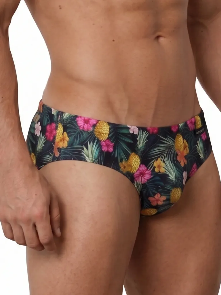 Vista frontal completa de bañador slip Olaf Benz BLU2553 Tropical con estampado de piñas y flores
