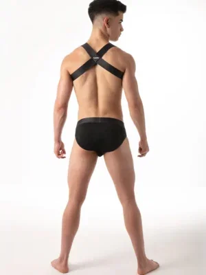 Vista trasera del Pack Slip y Arnés Leader Essentials Negro con espalda en X y trasera cerrada