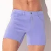 Vista frontal en detalle con botón metálico, cremallera y bolsillo monedero, Pantalón Corto Code 22 Iconic 5 Pocket Powder Blue, Code 22