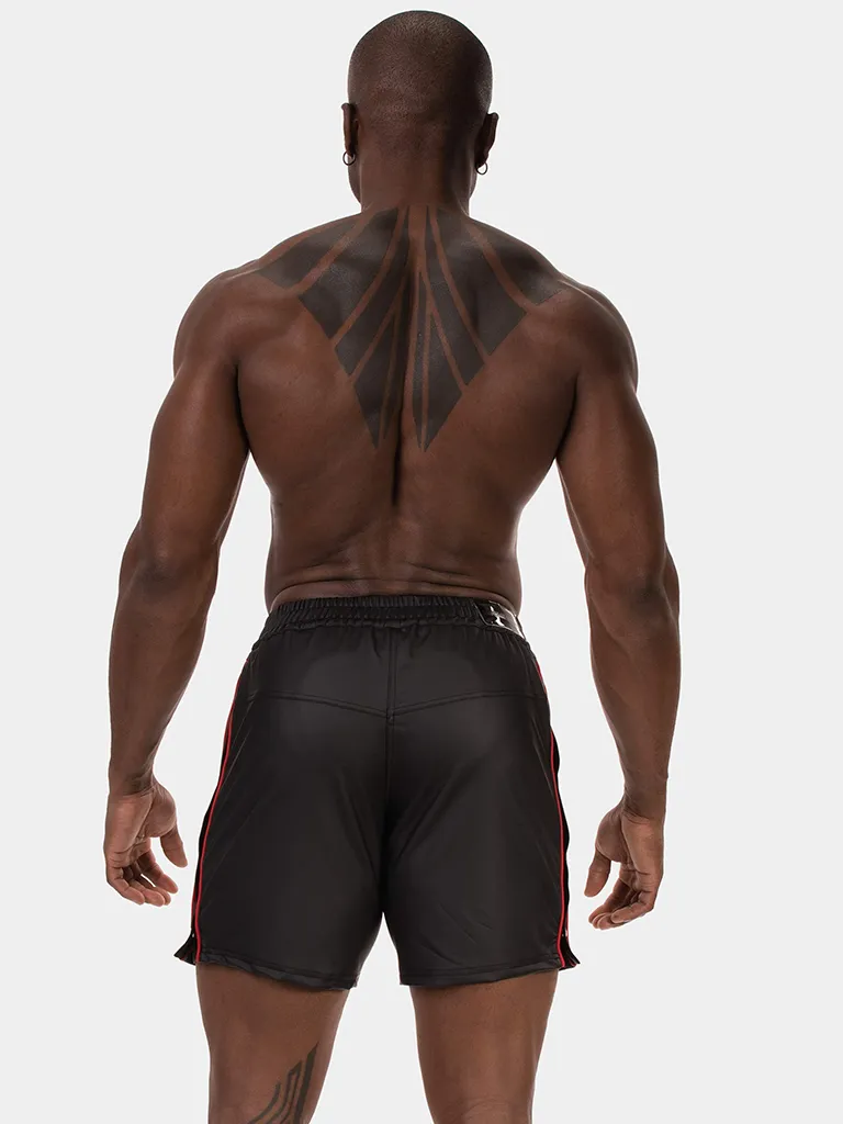 Vista trasera del short Fuad negro rojo de Barcode Berlin con cinturilla elástica