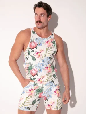 Vista frontal completa con cuello redondo y estampado floral, Camiseta Tirantes Code 22 Silken Blanca, Code 22