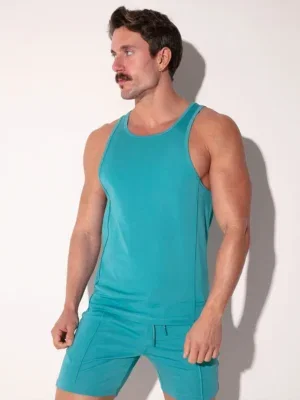 Vista frontal completa con cuello redondo y color teal liso, Camiseta Tirantes Code 22 Silken Teal, Code 22
