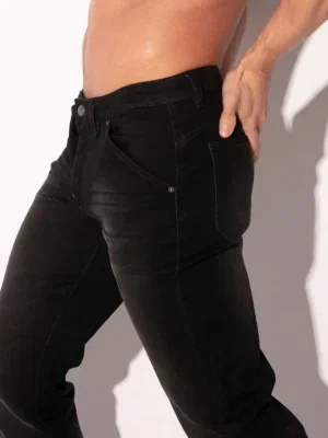 Vista lateral pantalón vaquero negro denim elástico ajuste recto - Pantalón Vaquero Code 22 Negro