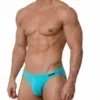 Vista lateral frontal de bañador slip liso azul turquesa con corte Sunbrief ajustado — BLU2551 Olaf Benz