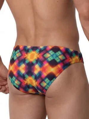 Vista trasera lateral de slip Hip Brief Manstore M2577 Party con estampado geométrico multicolor