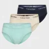 Pack 3 slips Calvin Klein Cotton Stretch 6Z8 en azul navy, crema y verde menta con cinturilla a tono.