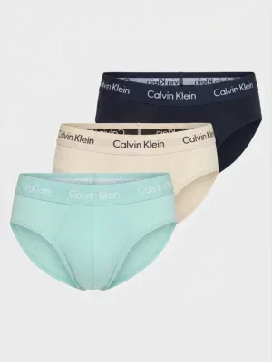 Pack 3 slips Calvin Klein Cotton Stretch 6Z8 en azul navy, crema y verde menta con cinturilla a tono.