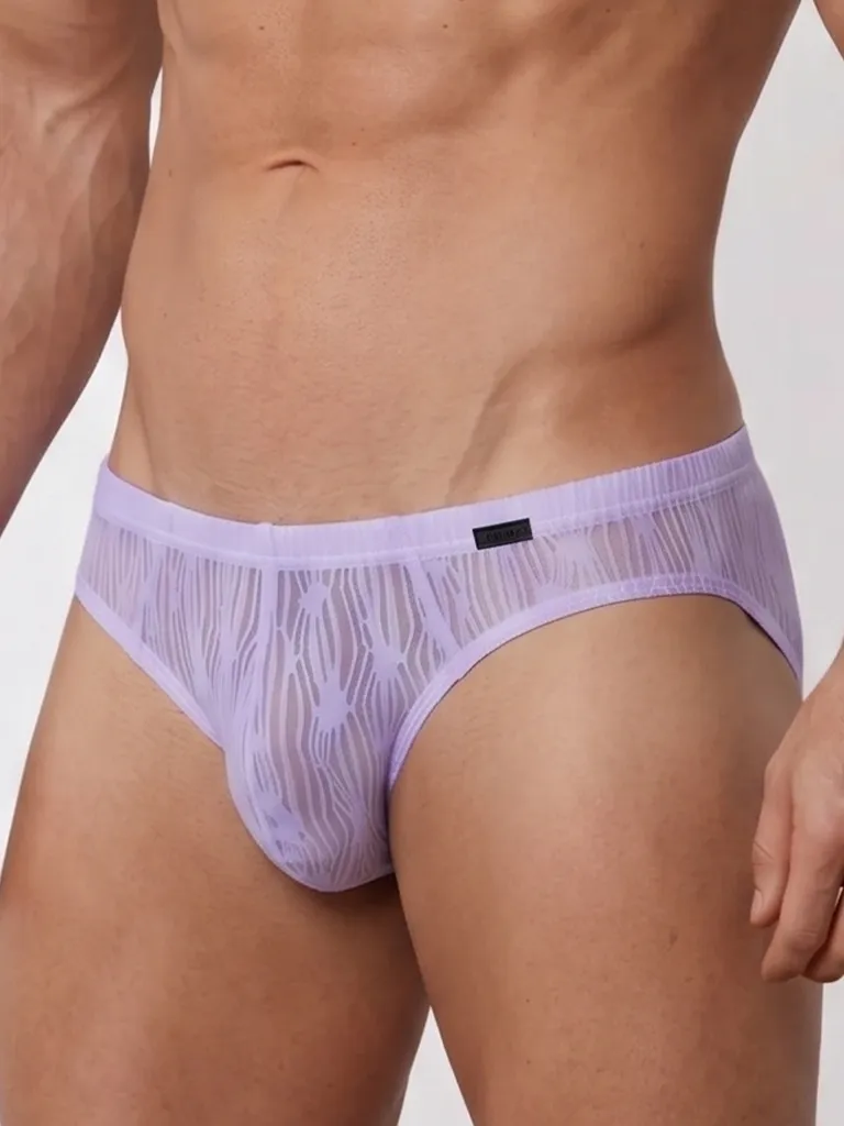 Vista frontal lateral de slip lavanda con jacquard ondulante y etiqueta negra — RED2560 Sportbrief Olaf Benz