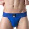 Vista frontal del Suspensorio Leader Sport Mesh Azul con bolsa en tejido mesh perforado azul eléctrico y parche LEADER Born To Lead en cinturilla jacquard.