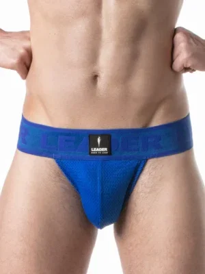 Vista frontal del Suspensorio Leader Sport Mesh Azul con bolsa en tejido mesh perforado azul eléctrico y parche LEADER Born To Lead en cinturilla jacquard.