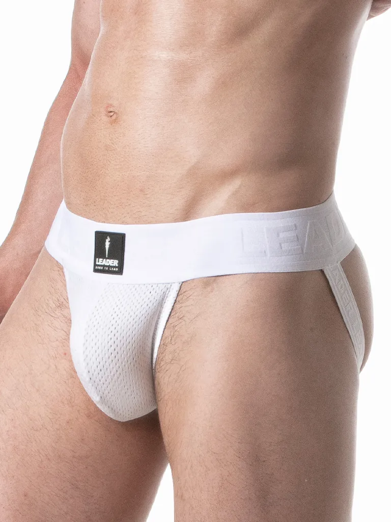 Vista lateral del Suspensorio Leader Sport Mesh Blanco con cinturilla jacquard tonal de 60 mm y textura de mesh perforado en el frontal.