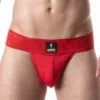 Vista frontal del Suspensorio Leader Sport Mesh Rojo con parche logo negro y cinturilla jacquard roja de 60 mm.
