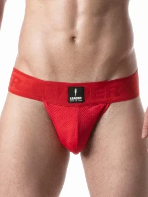 Vista frontal del Suspensorio Leader Sport Mesh Rojo con parche logo negro y cinturilla jacquard roja de 60 mm.