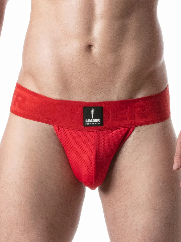 Vista frontal del Suspensorio Leader Sport Mesh Rojo con parche logo negro y cinturilla jacquard roja de 60 mm.