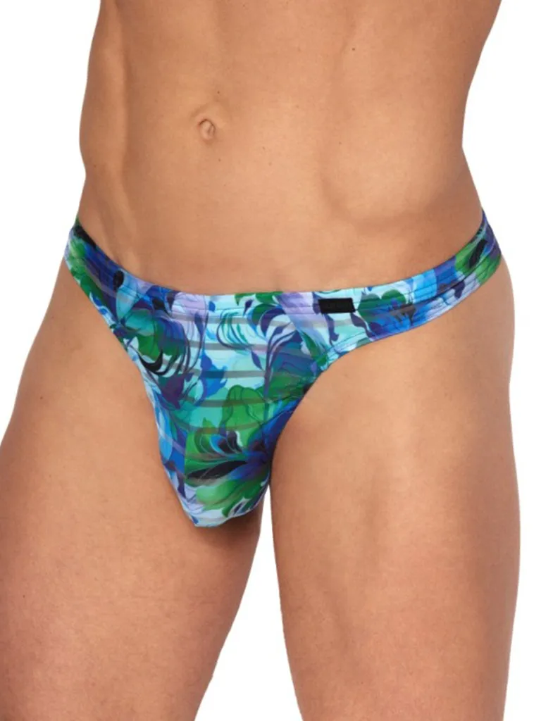 Vista lateral frontal de tanga RED2559 Blue Flower con estampado floral en azul, verde y turquesa — Olaf Benz